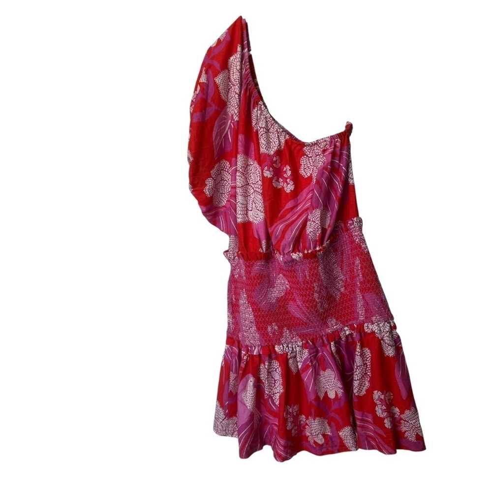 Farm Rio Women's L Red & Pink Dewdrop Floral One-Shoulder Dress Party/Cocktail - Picture 2 of 10